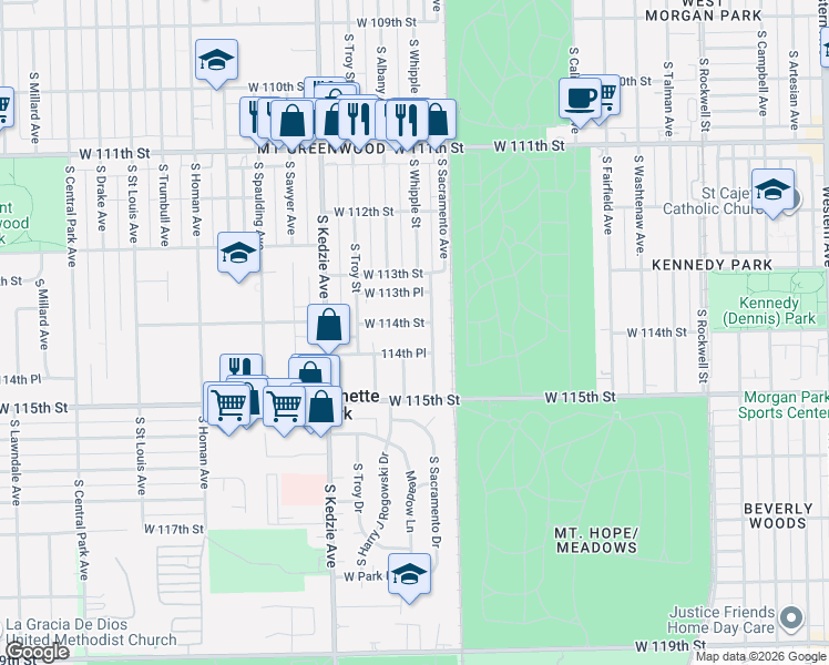 map of restaurants, bars, coffee shops, grocery stores, and more near 3041 West 114th Street in Merrionette Park