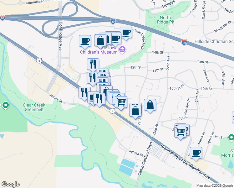 map of restaurants, bars, coffee shops, grocery stores, and more near 949 Boston Way in Coralville