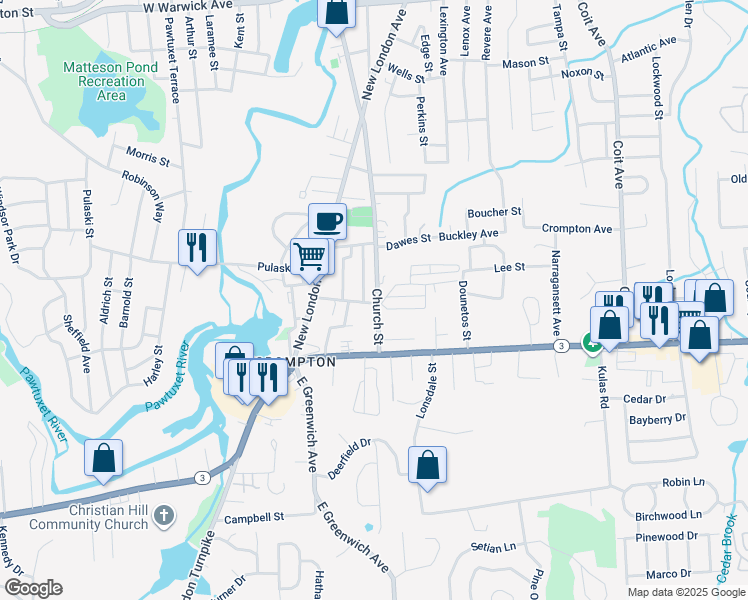 map of restaurants, bars, coffee shops, grocery stores, and more near 75 Church Street in West Warwick