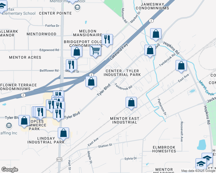 map of restaurants, bars, coffee shops, grocery stores, and more near in Mentor
