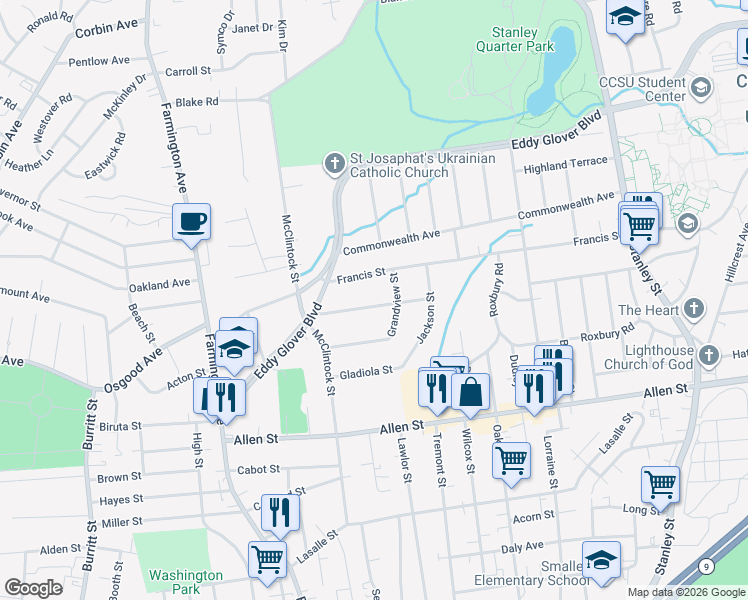 map of restaurants, bars, coffee shops, grocery stores, and more near 74 Hawthorne Street in New Britain