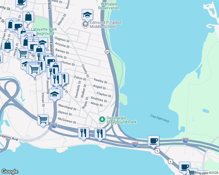 map of restaurants, bars, coffee shops, grocery stores, and more near 163 Keeley Street in Fall River