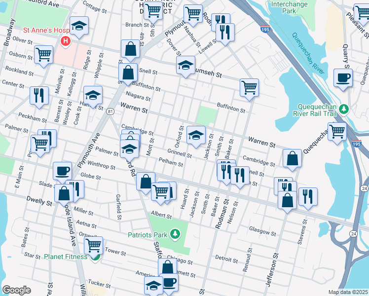 map of restaurants, bars, coffee shops, grocery stores, and more near 118 Oxford Street in Fall River
