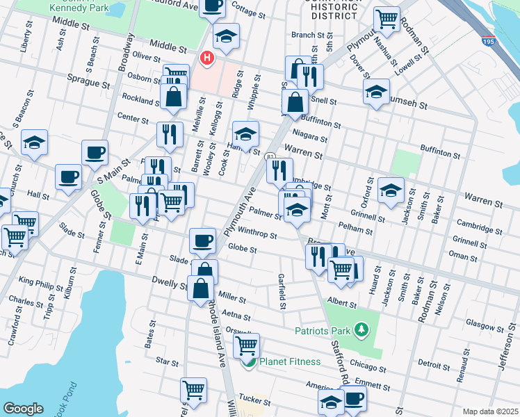 map of restaurants, bars, coffee shops, grocery stores, and more near 548 Palmer Street in Fall River