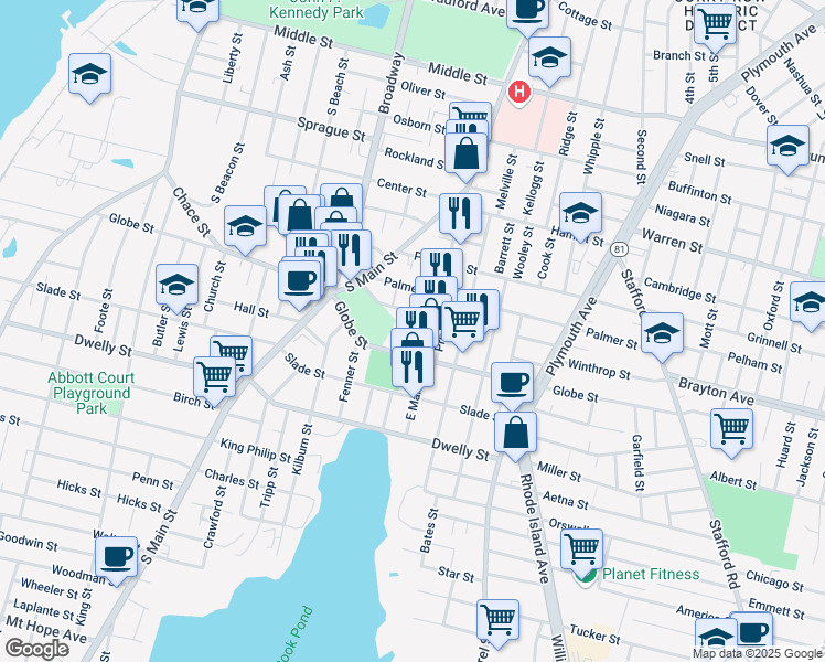 map of restaurants, bars, coffee shops, grocery stores, and more near 303 East Main Street in Fall River