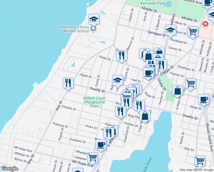 map of restaurants, bars, coffee shops, grocery stores, and more near 195 Butler Street in Fall River