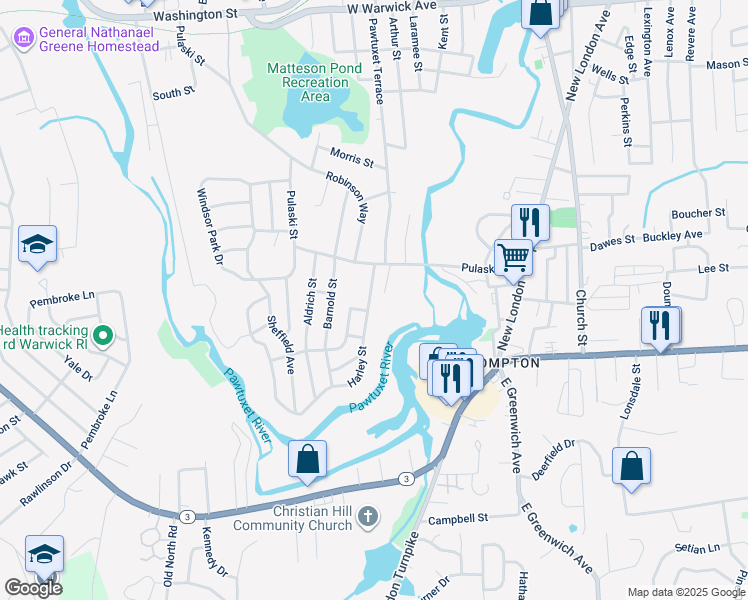 map of restaurants, bars, coffee shops, grocery stores, and more near 12 Harley Street in West Warwick