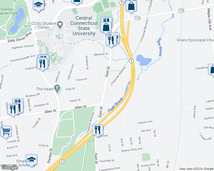 map of restaurants, bars, coffee shops, grocery stores, and more near 1251 East Street in New Britain