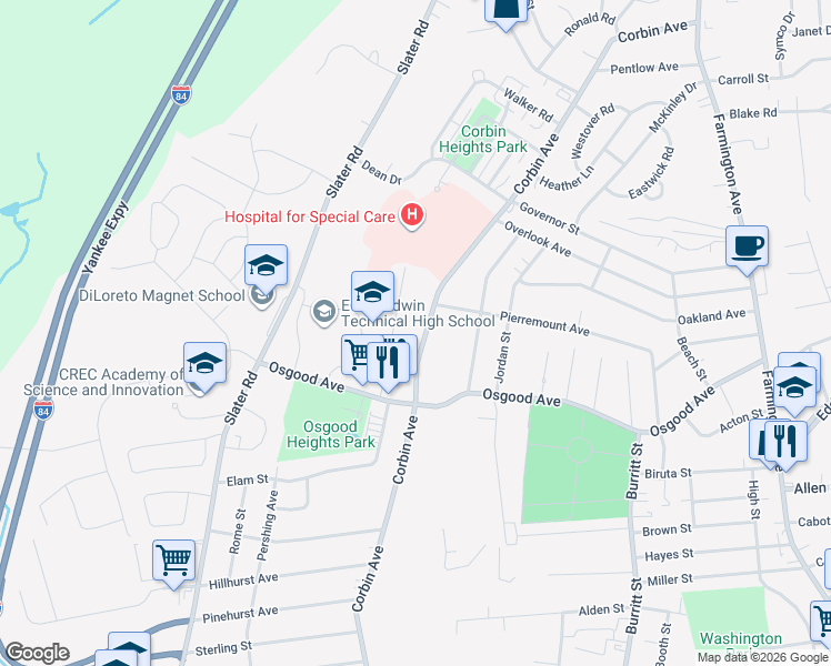 map of restaurants, bars, coffee shops, grocery stores, and more near 79 Neanda Street in New Britain