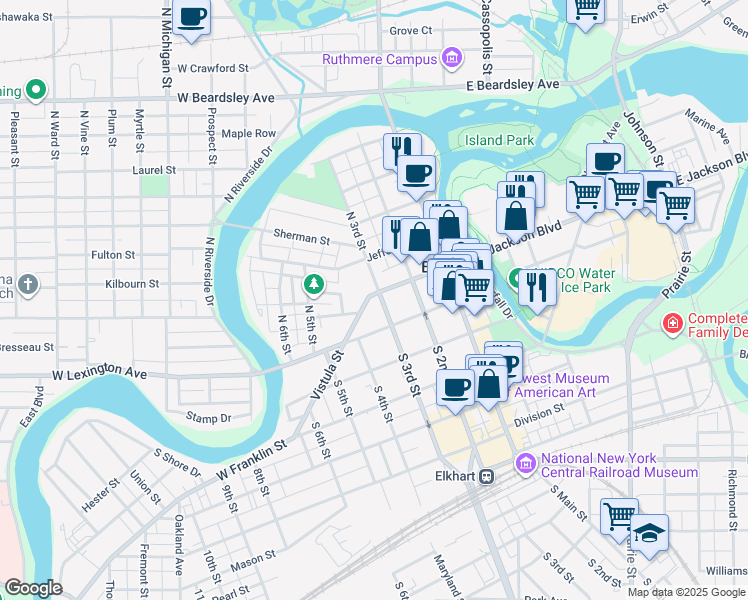 map of restaurants, bars, coffee shops, grocery stores, and more near 310 West Jackson Boulevard in Elkhart