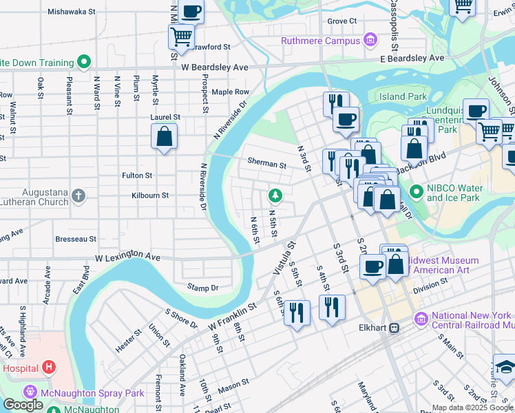 map of restaurants, bars, coffee shops, grocery stores, and more near 161 North 5th Street in Elkhart