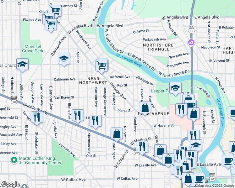 map of restaurants, bars, coffee shops, grocery stores, and more near 808 Portage Avenue in South Bend