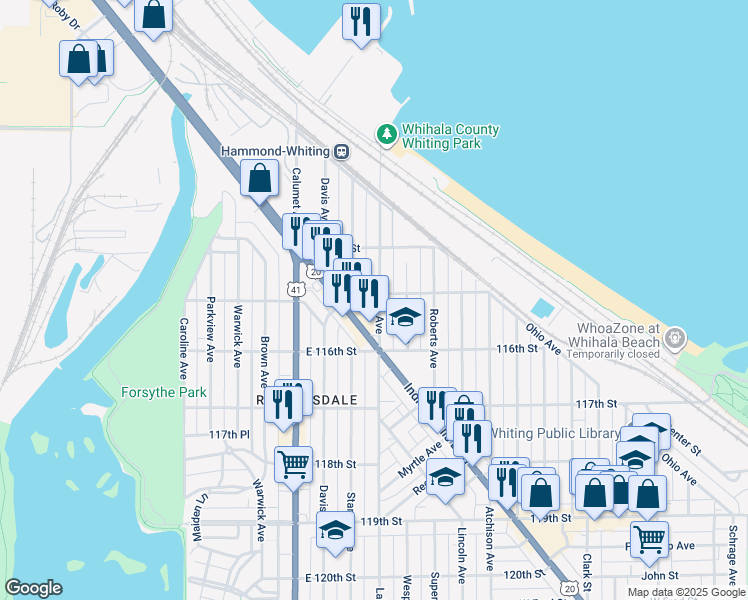 map of restaurants, bars, coffee shops, grocery stores, and more near 1440 Lake Avenue in Whiting