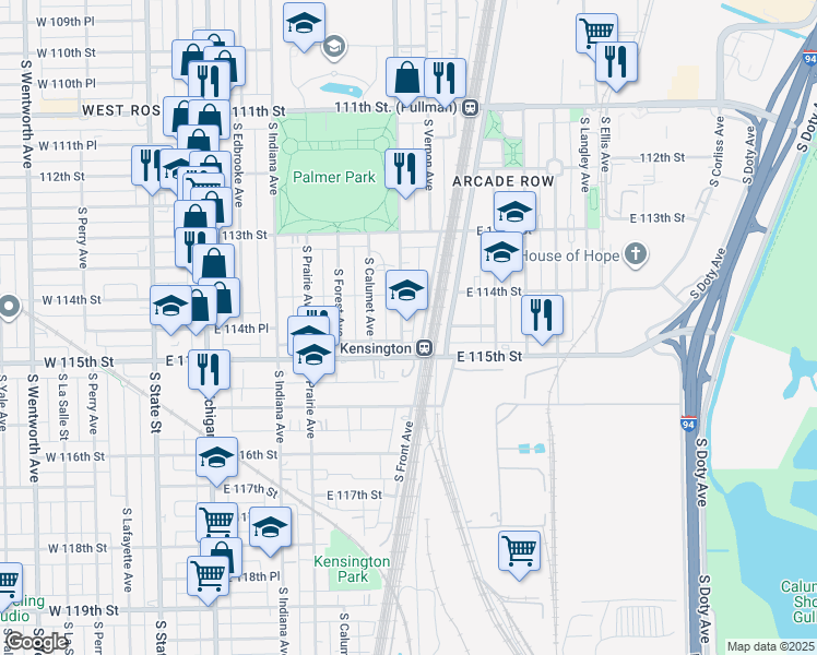 map of restaurants, bars, coffee shops, grocery stores, and more near 11426 South King Drive in Chicago