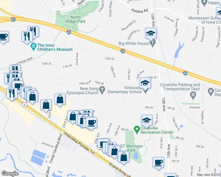 map of restaurants, bars, coffee shops, grocery stores, and more near 921 Apadana Court in Coralville