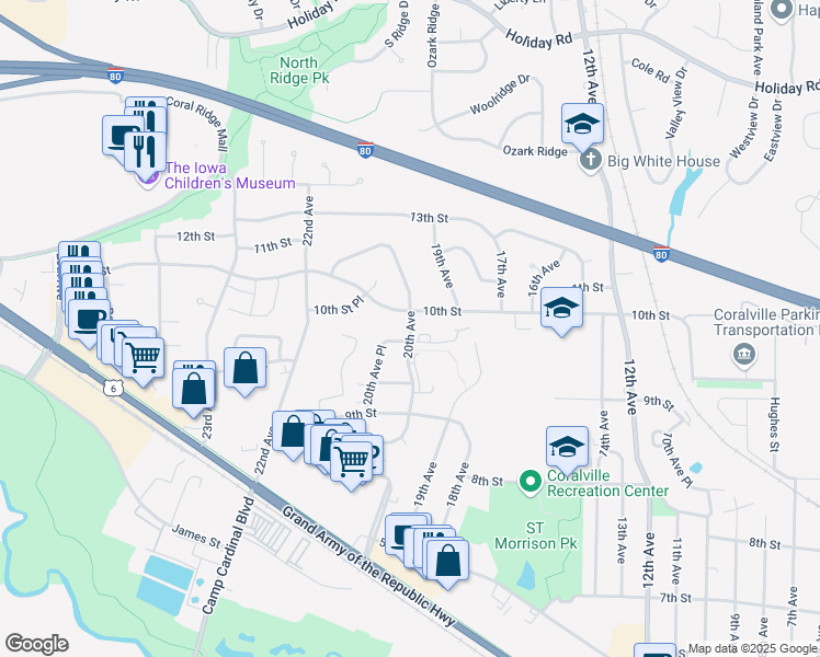map of restaurants, bars, coffee shops, grocery stores, and more near 918 20th Avenue in Coralville
