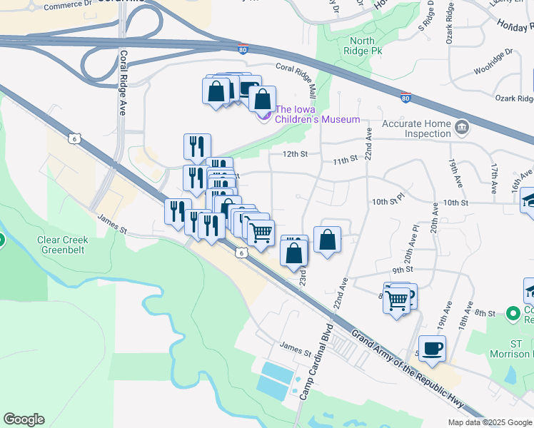 map of restaurants, bars, coffee shops, grocery stores, and more near 920B Boston Way in Coralville