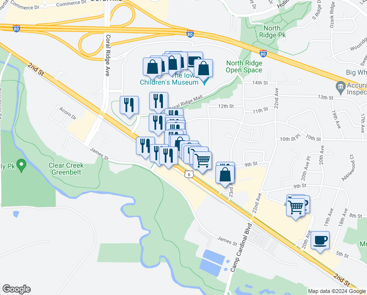 map of restaurants, bars, coffee shops, grocery stores, and more near 956 Boston Way in Coralville