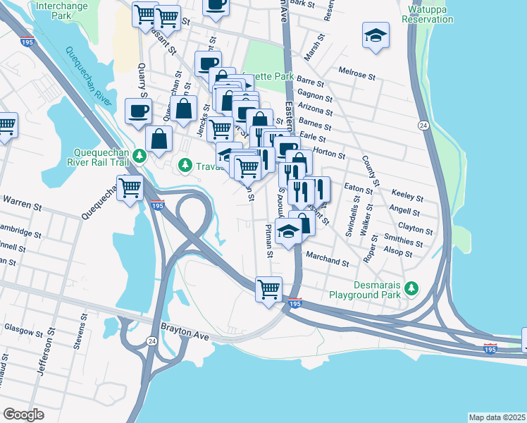 map of restaurants, bars, coffee shops, grocery stores, and more near 83 Raymond Street in Fall River