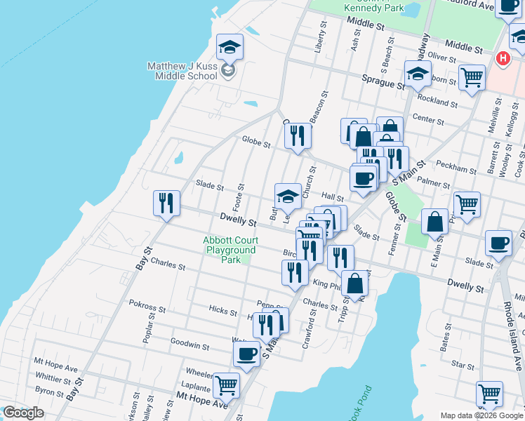 map of restaurants, bars, coffee shops, grocery stores, and more near 310 King Street in Fall River