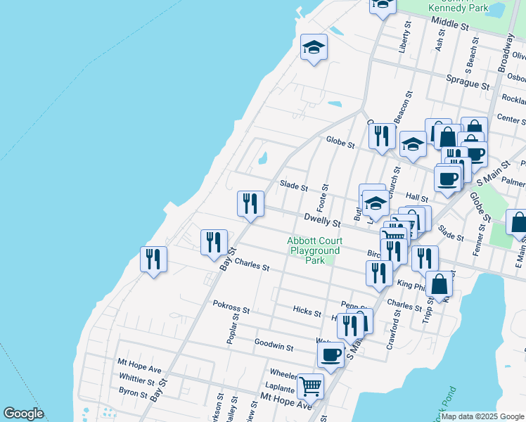 map of restaurants, bars, coffee shops, grocery stores, and more near 185 Dwelly Street in Fall River