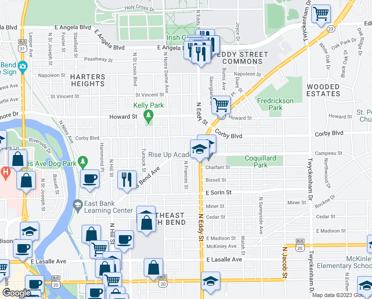 map of restaurants, bars, coffee shops, grocery stores, and more near 822 North Frances Street in South Bend