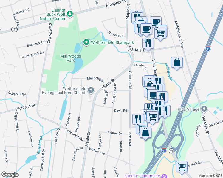 map of restaurants, bars, coffee shops, grocery stores, and more near 65 Montague Street in Wethersfield