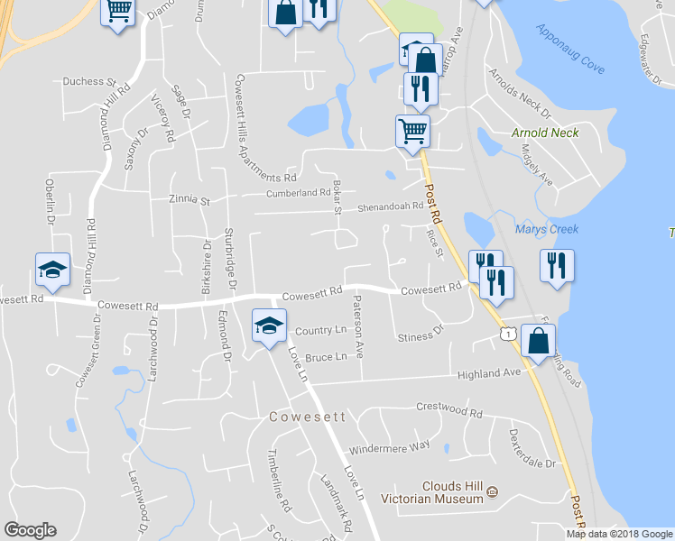 map of restaurants, bars, coffee shops, grocery stores, and more near 41 Tivoli Court in Warwick