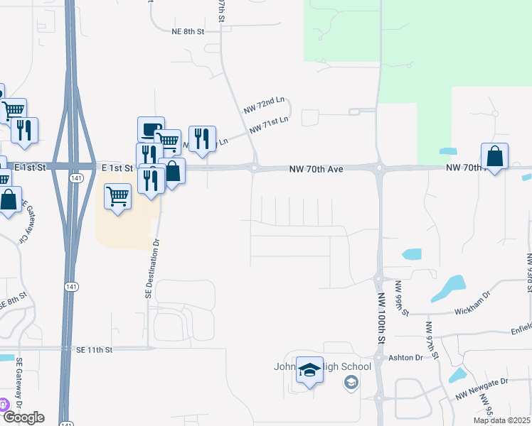 map of restaurants, bars, coffee shops, grocery stores, and more near 10522 Northwest 70th Avenue in Grimes