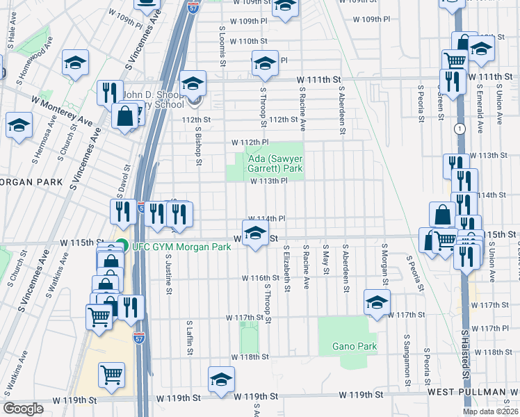 map of restaurants, bars, coffee shops, grocery stores, and more near 11405 South Throop Street in Chicago