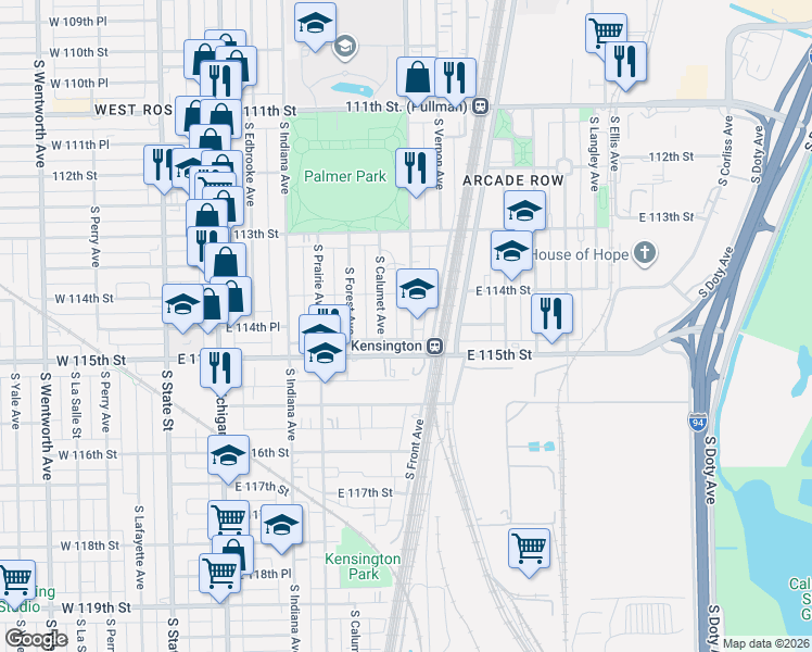 map of restaurants, bars, coffee shops, grocery stores, and more near 11432 South King Drive in Chicago