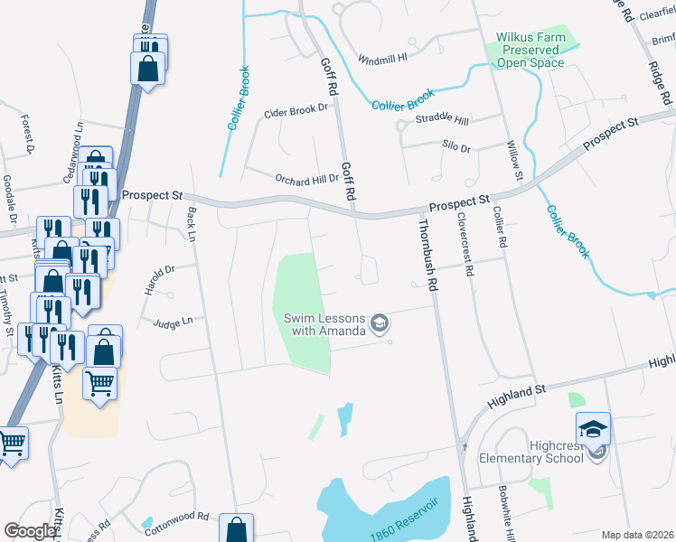 map of restaurants, bars, coffee shops, grocery stores, and more near 16 Hunters Path in Wethersfield