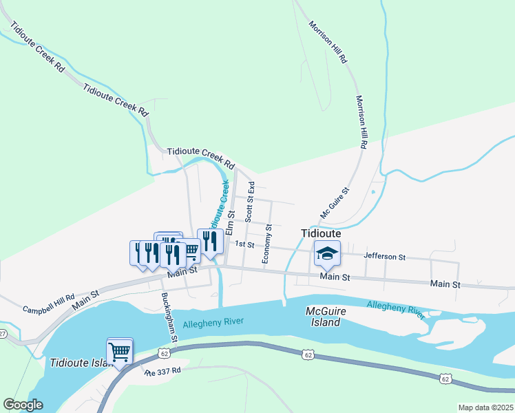 map of restaurants, bars, coffee shops, grocery stores, and more near 10 3rd Street in Tidioute
