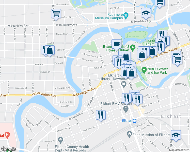 map of restaurants, bars, coffee shops, grocery stores, and more near 411 Brady Street in Elkhart
