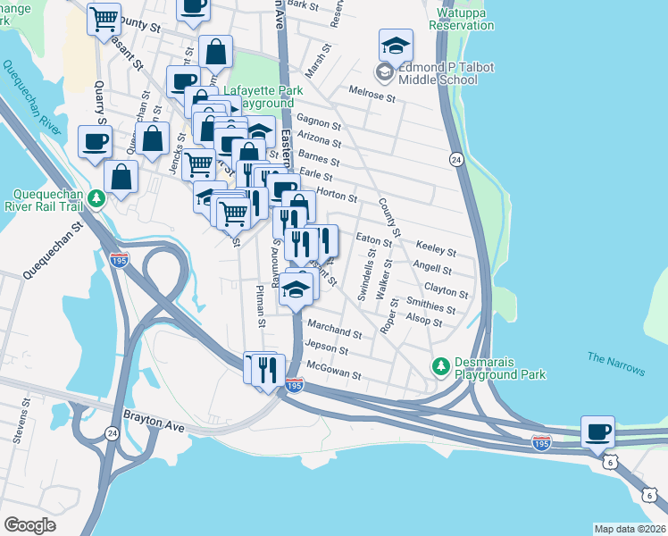map of restaurants, bars, coffee shops, grocery stores, and more near 186 Irving Street in Fall River