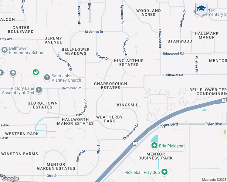 map of restaurants, bars, coffee shops, grocery stores, and more near 6790 South Camelot Drive in Mentor