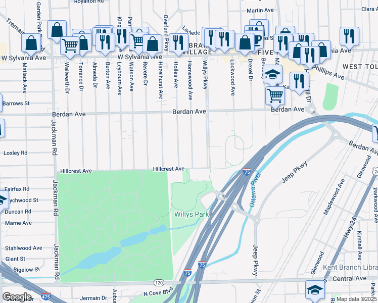 map of restaurants, bars, coffee shops, grocery stores, and more near 3535 Homewood Avenue in Toledo