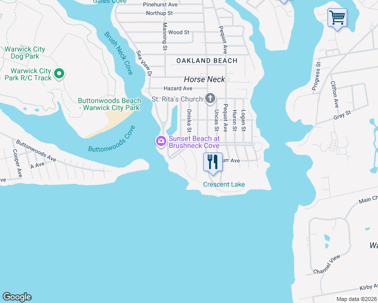 map of restaurants, bars, coffee shops, grocery stores, and more near 9 Hewett Street in Warwick