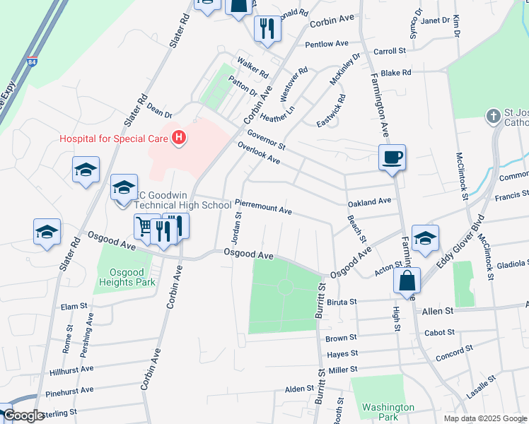 map of restaurants, bars, coffee shops, grocery stores, and more near 119 Pierremount Avenue in New Britain