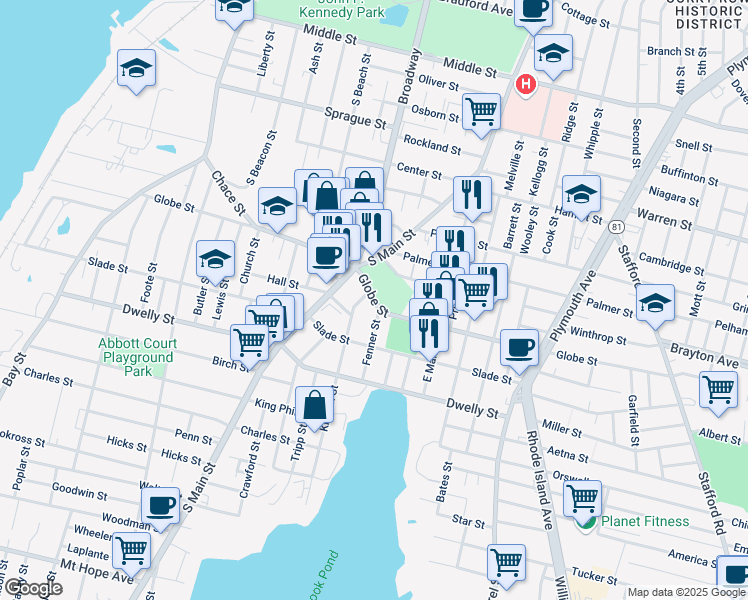 map of restaurants, bars, coffee shops, grocery stores, and more near 615 Globe St in Fall River
