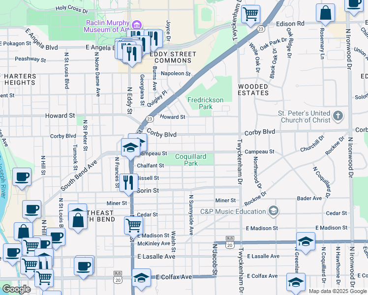map of restaurants, bars, coffee shops, grocery stores, and more near 1301 Campeau Street in South Bend