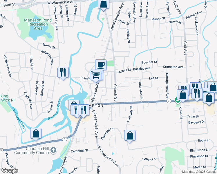map of restaurants, bars, coffee shops, grocery stores, and more near 17 School Street in West Warwick