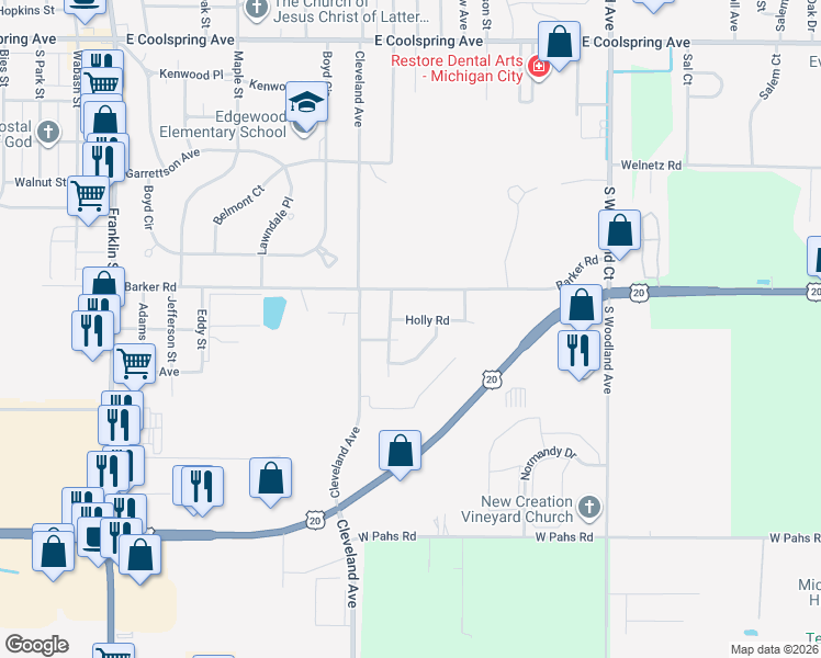 map of restaurants, bars, coffee shops, grocery stores, and more near 421 Holly Road in Michigan City