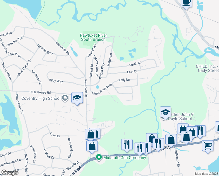 map of restaurants, bars, coffee shops, grocery stores, and more near 13 Liena Rose Way in Coventry
