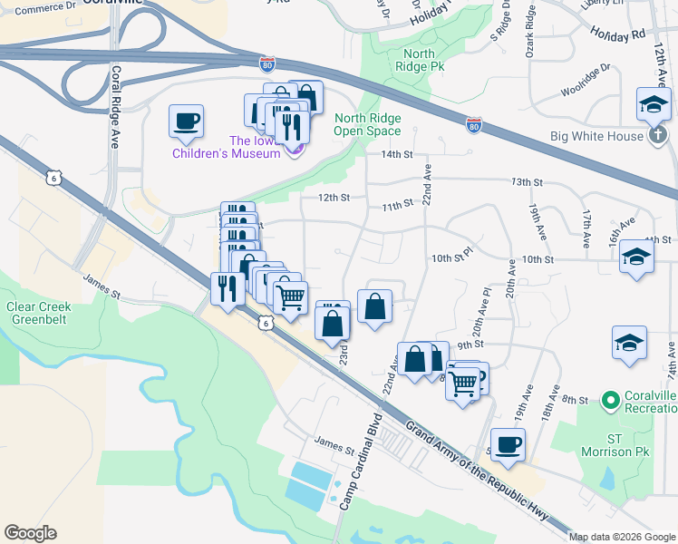 map of restaurants, bars, coffee shops, grocery stores, and more near 940 23rd Avenue in Coralville