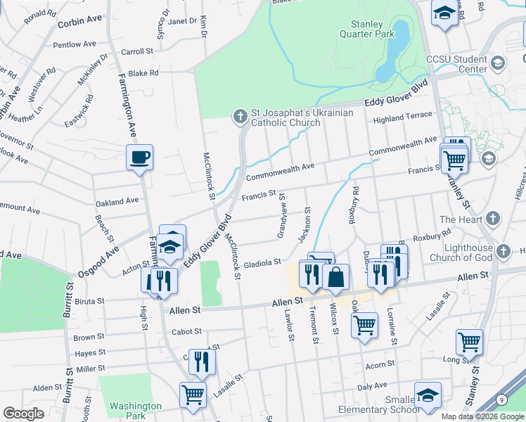 map of restaurants, bars, coffee shops, grocery stores, and more near 74 Hawthorne Street in New Britain