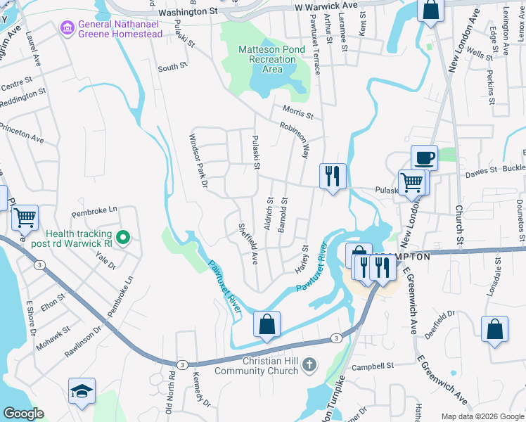 map of restaurants, bars, coffee shops, grocery stores, and more near 31 Aldrich Street in West Warwick