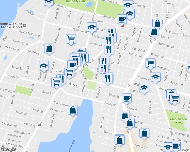 map of restaurants, bars, coffee shops, grocery stores, and more near 83 Wilbur Street in Fall River