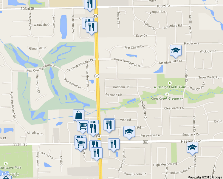 map of restaurants, bars, coffee shops, grocery stores, and more near 2652 Hoddam Road in Naperville
