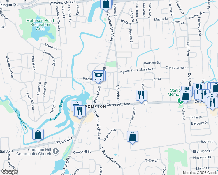 map of restaurants, bars, coffee shops, grocery stores, and more near 17 School Street in West Warwick